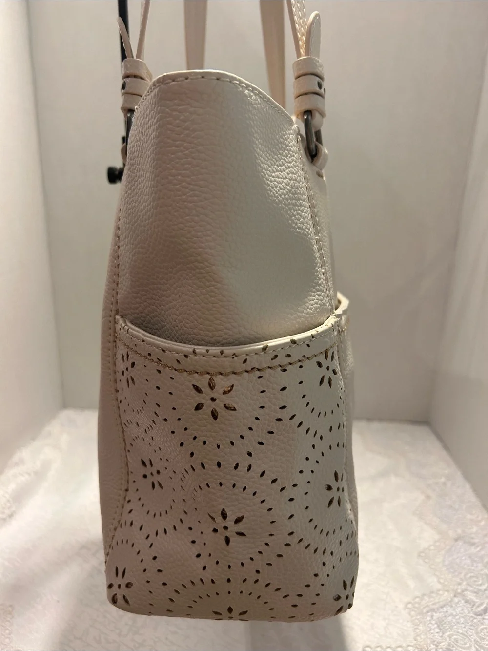 The Sak Sequoia pebbled Leather Tote Bag – Cream Perforated Floral Medallion